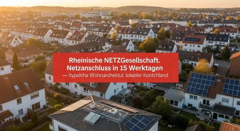 Aerial drone view of typical German residential neighborhood with mixed roof types, red and dark roof tiles, gardens visible, sunny day