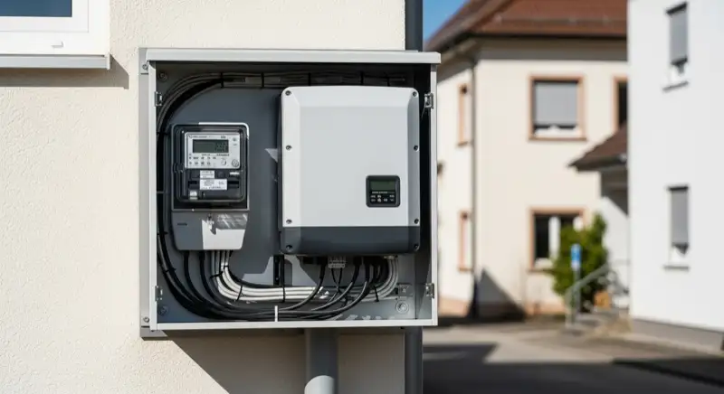 Modern German electrical meter cabinet (Zählerschrank) with smart meter and solar inverter connection, clean technical installation