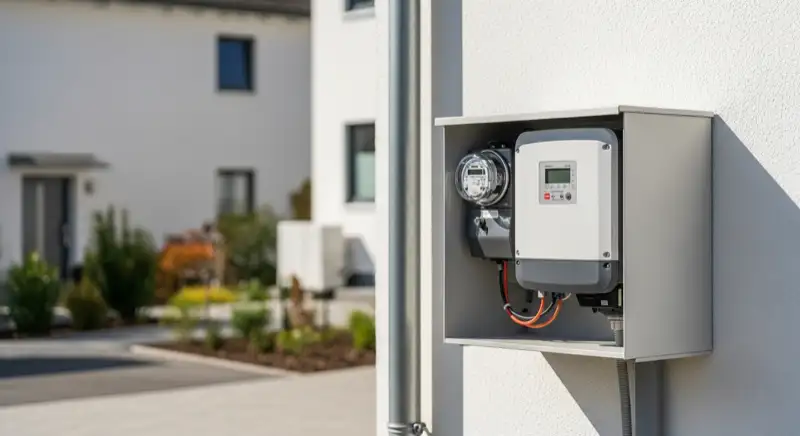 Modern German electrical meter cabinet (Zählerschrank) with smart meter and solar inverter connection, clean technical installation
