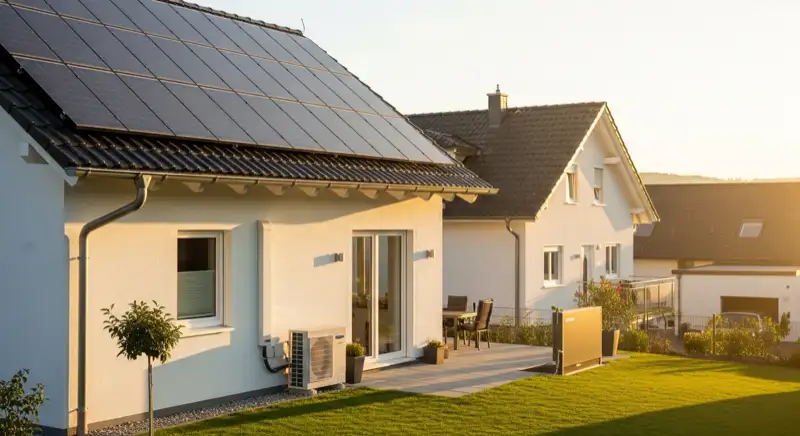 Smart Home Einfamilienhaus in Rastatt mit PV-Anlage auf dem Dach und Wärmepumpen-Außeneinheit