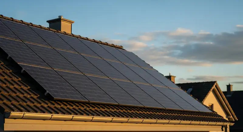 Close-up of photovoltaic solar panels installed on a traditional German Satteldach (gabled roof), blue sky with some clouds