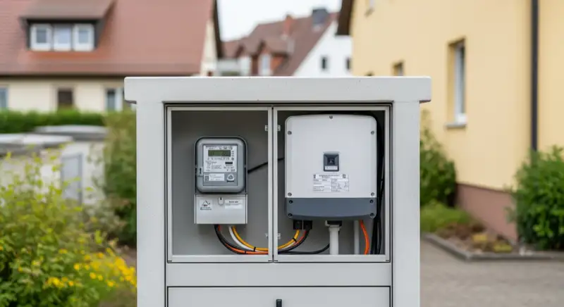 Modern German electrical meter cabinet (Zählerschrank) with smart meter and solar inverter connection, clean technical installation