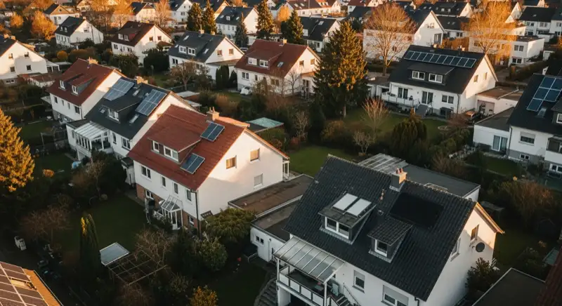 Aerial drone view of typical German residential neighborhood with mixed roof types, red and dark roof tiles, gardens visible, sunny day