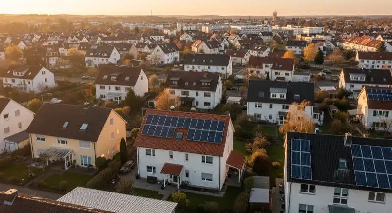 Aerial drone view of typical German residential neighborhood with mixed roof types, red and dark roof tiles, gardens visible, sunny day