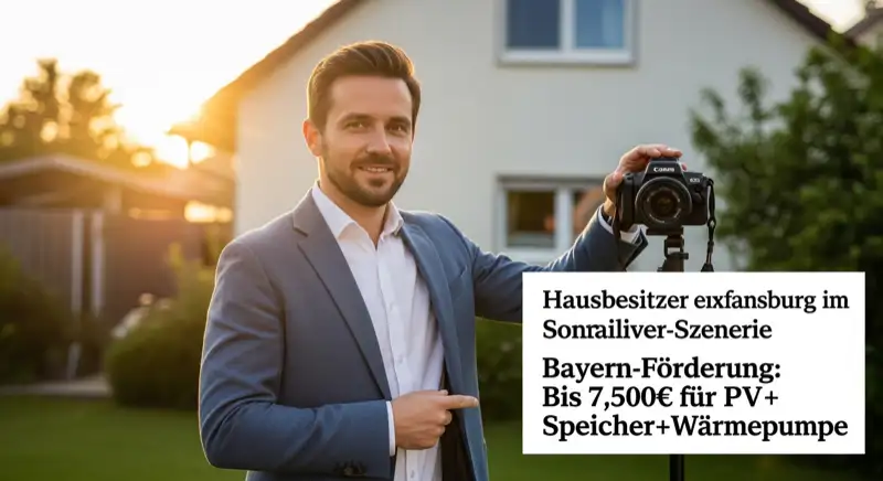 Hausbesitzer-Paar vor Einfamilienhaus in Regensburg, sonniger Tag, positive Energie-Szenerie