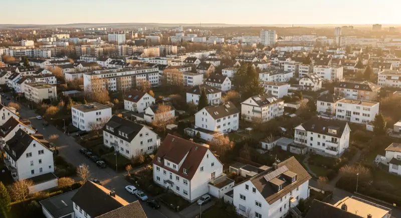 Wohngebiete in Regensburg mit verschiedenen Bauformen, typische Einfamilienhäuser und Dachstrukturen aus der Luft