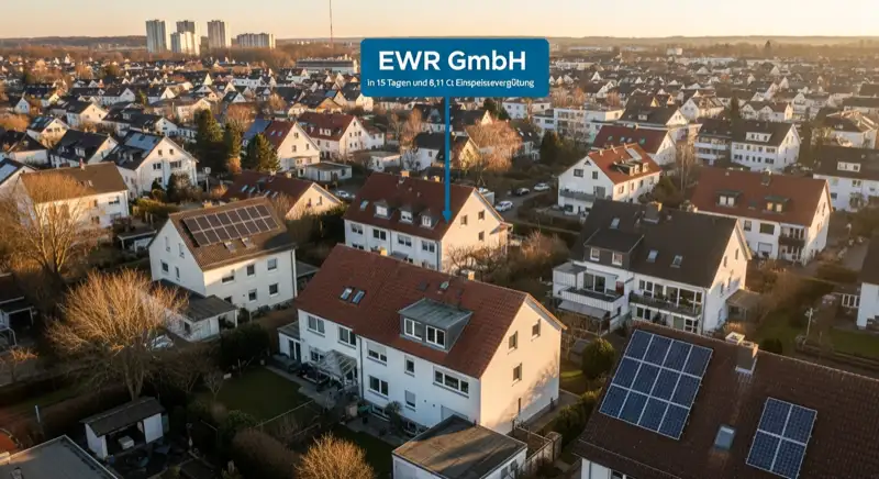 Aerial drone view of typical German residential neighborhood with mixed roof types, red and dark roof tiles, gardens visible, sunny day