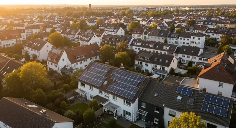 Aerial drone view of typical German residential neighborhood with mixed roof types, red and dark roof tiles, gardens visible, sunny day