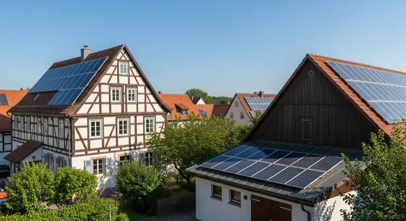 Denkmalgeschütztes Fachwerkhaus in Rodgau mit diskret integrierter Photovoltaikanlage auf dem Nebengebäude