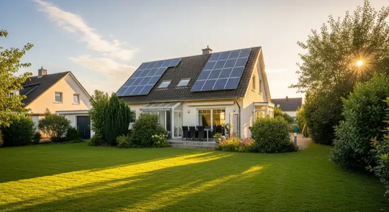 German detached house (Einfamilienhaus) with photovoltaic panels on pitched roof, well-maintained garden, warm afternoon sunlight