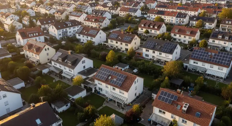 Aerial drone view of typical German residential neighborhood with mixed roof types, red and dark roof tiles, gardens visible, sunny day