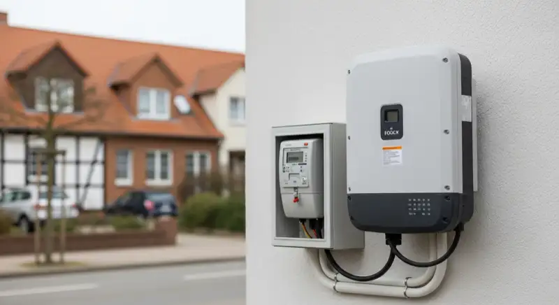 Modern German electrical meter cabinet (Zählerschrank) with smart meter and solar inverter connection, clean technical installation