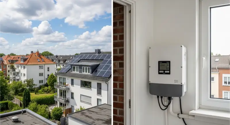 Modern German electrical meter cabinet (Zählerschrank) with smart meter and solar inverter connection, clean technical installation