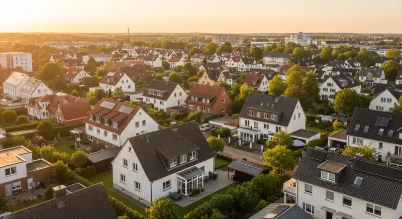 Aerial drone view of typical German residential neighborhood with mixed roof types, red and dark roof tiles, gardens visible, sunny day