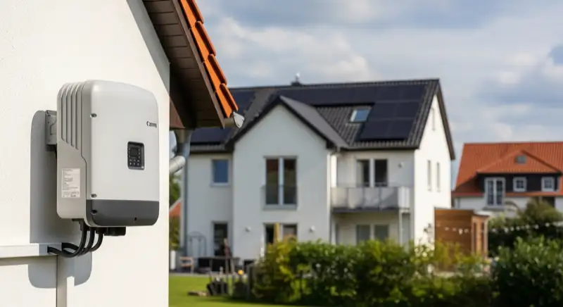 String-Wechselrichter an einer Hauswand in Rostock montiert, Wohngebäude mit PV-Anlage