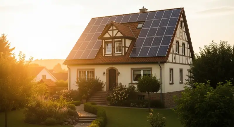 German detached house (Einfamilienhaus) with photovoltaic panels on pitched roof, well-maintained garden, warm afternoon sunlight