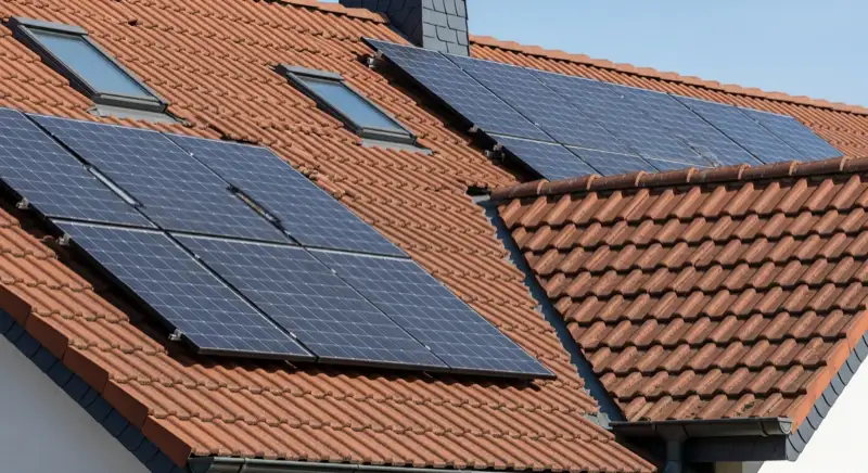 Fotorealistisches Einfamilienhausdach mit PV-Modulen in einem ländlichen Rudolstädter Ortsteil
