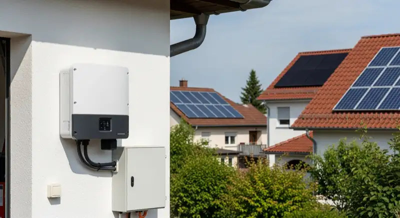 Modern solar inverter mounted on garage wall next to electrical panel, clean professional installation, natural daylight