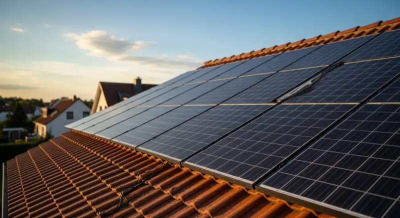 Close-up of photovoltaic solar panels installed on a traditional German Satteldach (gabled roof), blue sky with some clouds