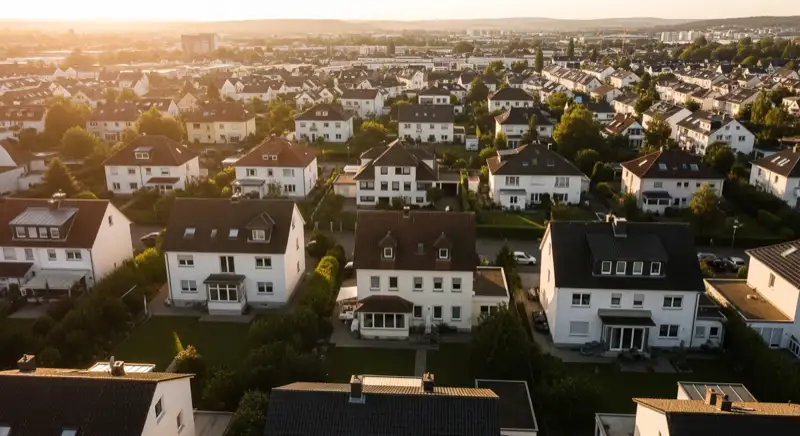 Aerial drone view of typical German residential neighborhood with mixed roof types, red and dark roof tiles, gardens visible, sunny day
