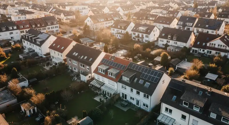 Aerial drone view of typical German residential neighborhood with mixed roof types, red and dark roof tiles, gardens visible, sunny day