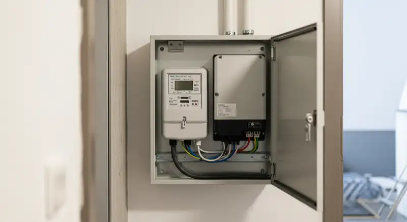 Modern German electrical meter cabinet (Zählerschrank) with smart meter and solar inverter connection, clean technical installation