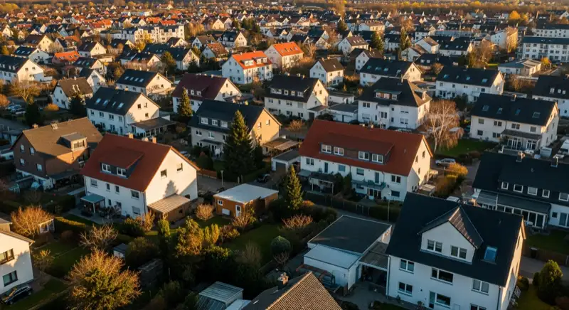 Aerial drone view of typical German residential neighborhood with mixed roof types, red and dark roof tiles, gardens visible, sunny day