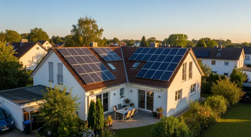 German detached house (Einfamilienhaus) with photovoltaic panels on pitched roof, well-maintained garden, warm afternoon sunlight