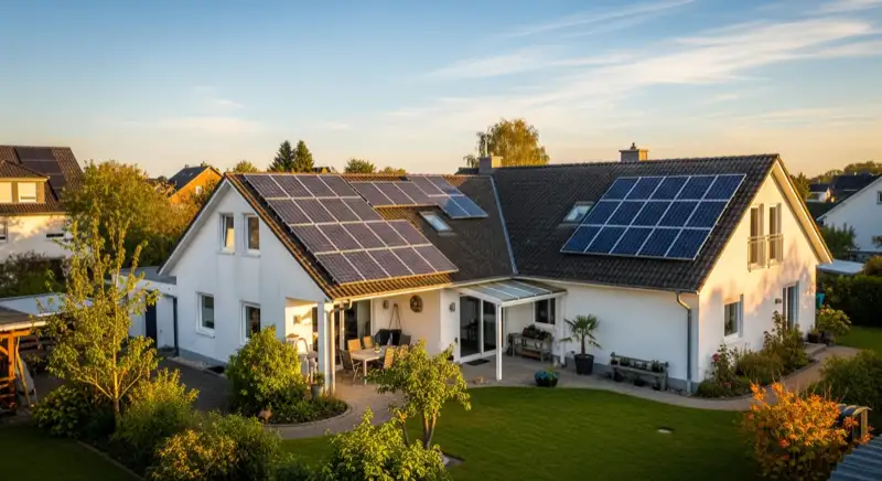 German detached house (Einfamilienhaus) with photovoltaic panels on pitched roof, well-maintained garden, warm afternoon sunlight