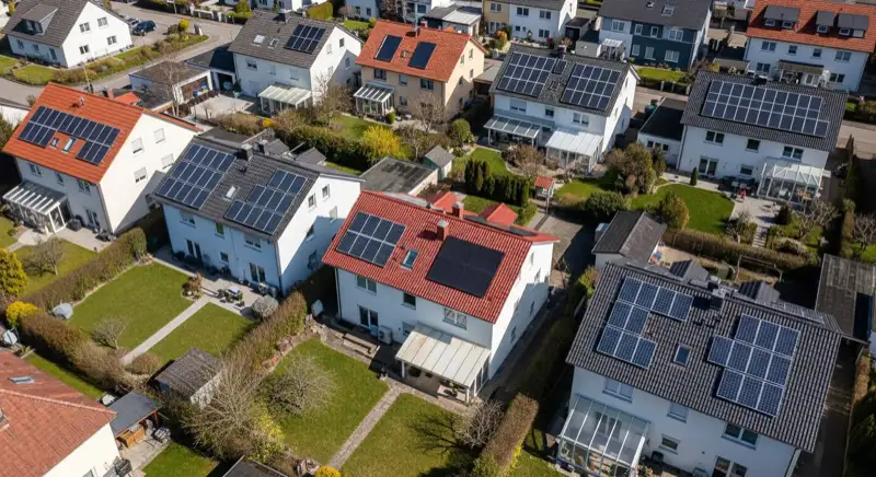Aerial drone view of typical German residential neighborhood with mixed roof types, red and dark roof tiles, gardens visible, sunny day