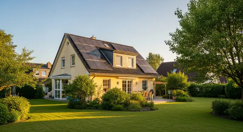 German detached house (Einfamilienhaus) with photovoltaic panels on pitched roof, well-maintained garden, warm afternoon sunlight