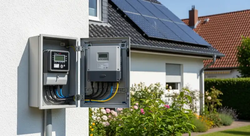 Modern German electrical meter cabinet (Zählerschrank) with smart meter and solar inverter connection, clean technical installation