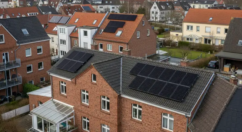 Historische Backsteinarchitektur in der Schelfstadt Schwerin mit diskret installierter schwarzer PV-Anlage auf dem Rückdach