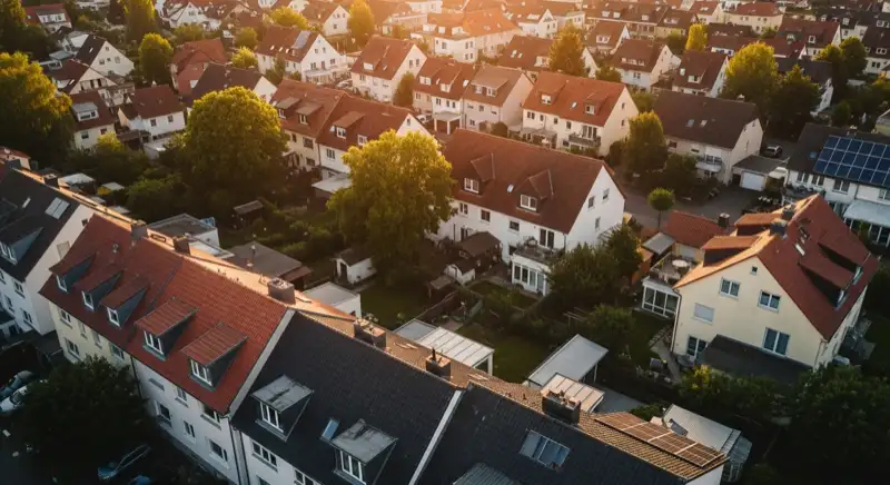 Aerial drone view of typical German residential neighborhood with mixed roof types, red and dark roof tiles, gardens visible, sunny day