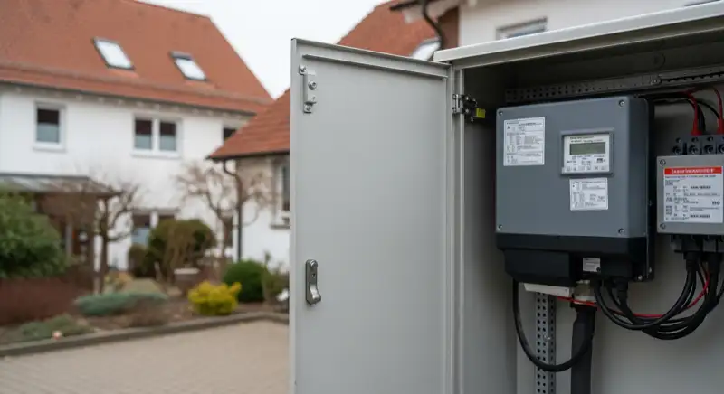 Modern German electrical meter cabinet (Zählerschrank) with smart meter and solar inverter connection, clean technical installation