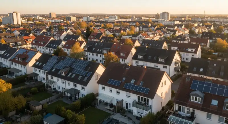 Aerial drone view of typical German residential neighborhood with mixed roof types, red and dark roof tiles, gardens visible, sunny day