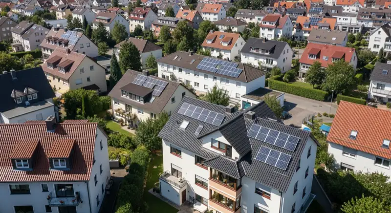 Aerial drone view of typical German residential neighborhood with mixed roof types, red and dark roof tiles, gardens visible, sunny day