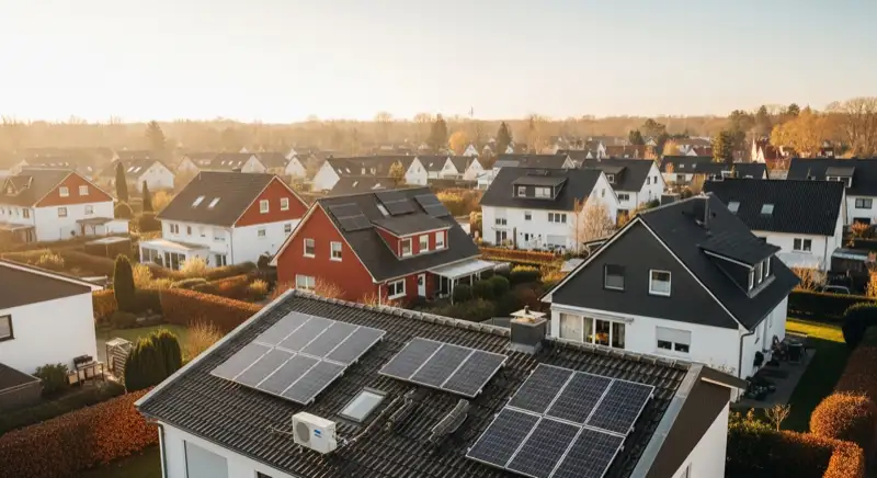 Aerial drone view of typical German residential neighborhood with mixed roof types, red and dark roof tiles, gardens visible, sunny day
