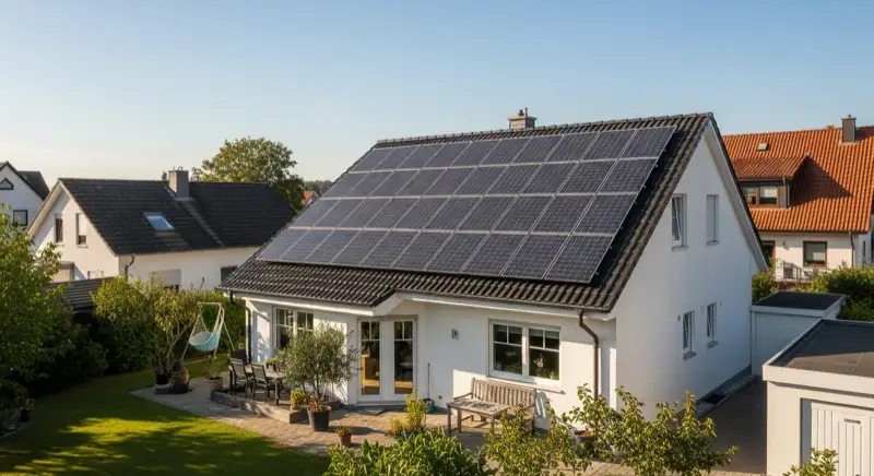 German detached house (Einfamilienhaus) with photovoltaic panels on pitched roof, well-maintained garden, warm afternoon sunlight