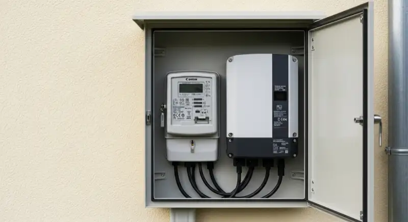 Modern German electrical meter cabinet (Zählerschrank) with smart meter and solar inverter connection, clean technical installation