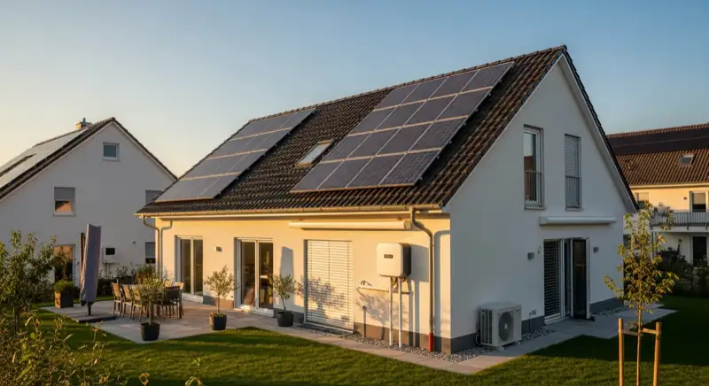 Einfamilienhaus in Seevetal mit PV-Anlage auf dem Dach, Wallbox an der Hauswand und Wärmepumpen-Außeneinheit im Garten