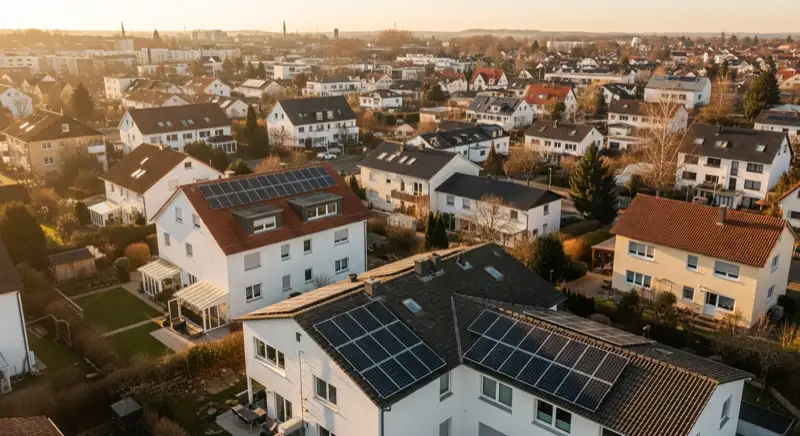 Aerial drone view of typical German residential neighborhood with mixed roof types, red and dark roof tiles, gardens visible, sunny day