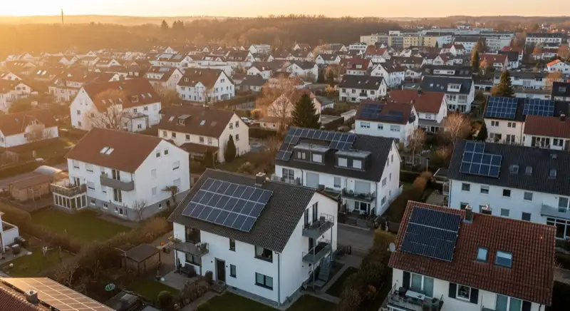 Aerial drone view of typical German residential neighborhood with mixed roof types, red and dark roof tiles, gardens visible, sunny day