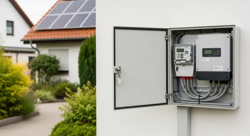 Modern German electrical meter cabinet (Zählerschrank) with smart meter and solar inverter connection, clean technical installation