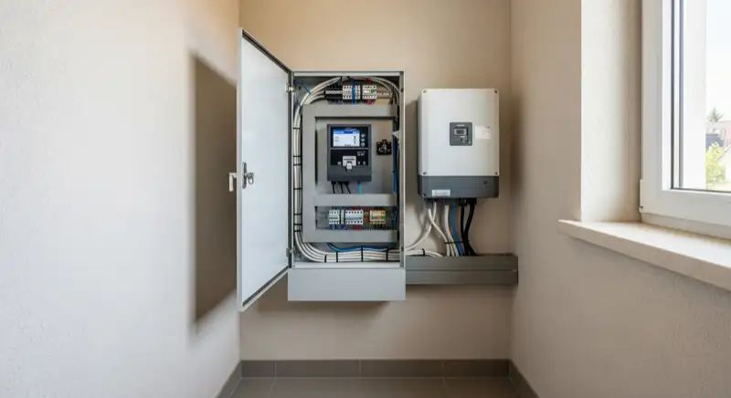Modern German electrical meter cabinet (Zählerschrank) with smart meter and solar inverter connection, clean technical installation