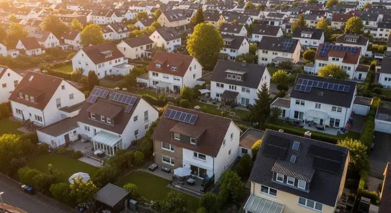 Aerial drone view of typical German residential neighborhood with mixed roof types, red and dark roof tiles, gardens visible, sunny day