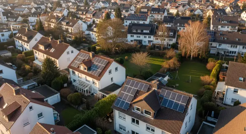 Aerial drone view of typical German residential neighborhood with mixed roof types, red and dark roof tiles, gardens visible, sunny day