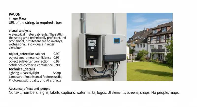 Modern German electrical meter cabinet (Zählerschrank) with smart meter and solar inverter connection, clean technical installation