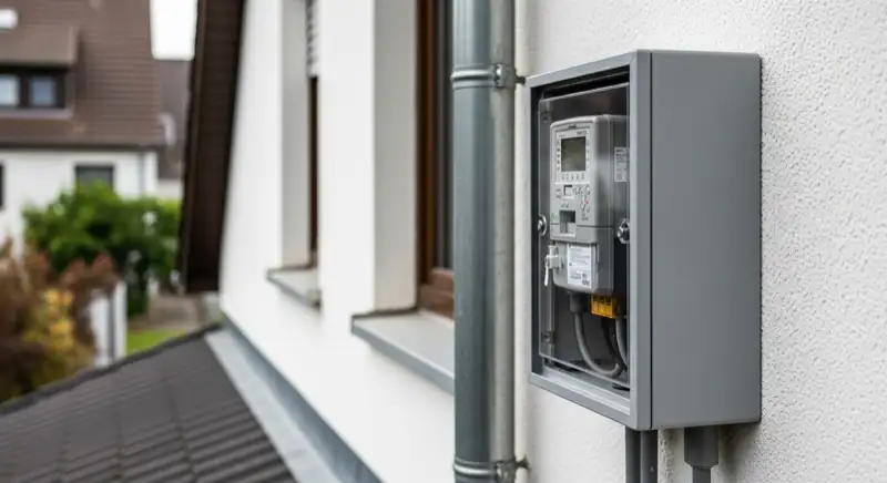 Modern German electrical meter cabinet (Zählerschrank) with smart meter and solar inverter connection, clean technical installation