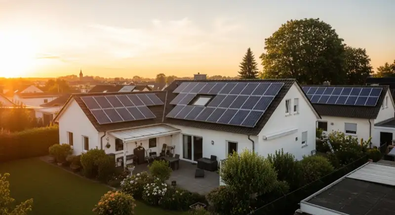 German detached house (Einfamilienhaus) with photovoltaic panels on pitched roof, well-maintained garden, warm afternoon sunlight